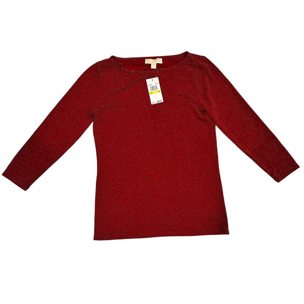 MICHAEL Michael Kors Cinnabar Red Metallic Sparkle Knit Top 3/4 Sleeve M NWT Wmn